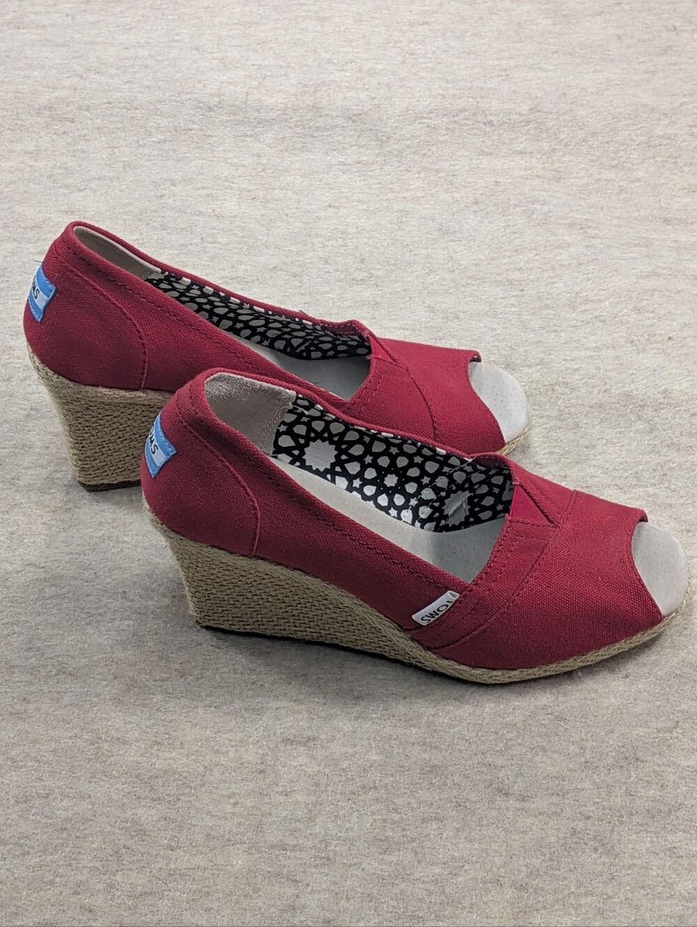 TOMS Like New* Red Canvas Peep Toe Jute Woven Wedge Espadrilles Shoes W 7.5